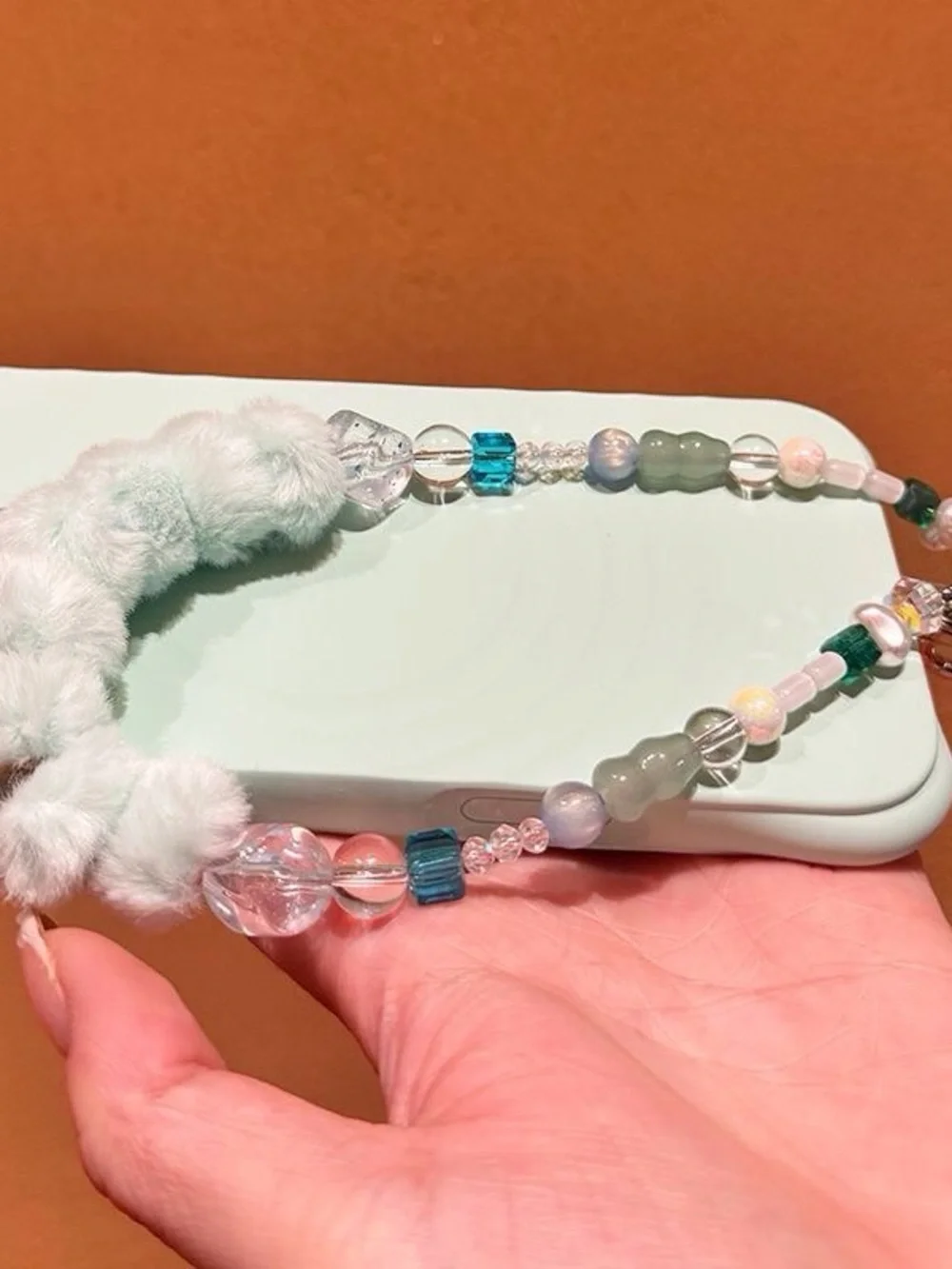 Mint Fluffy Loop Phone Wrist Strap | Crystal Beads | Y2K Coquette Aesthetic